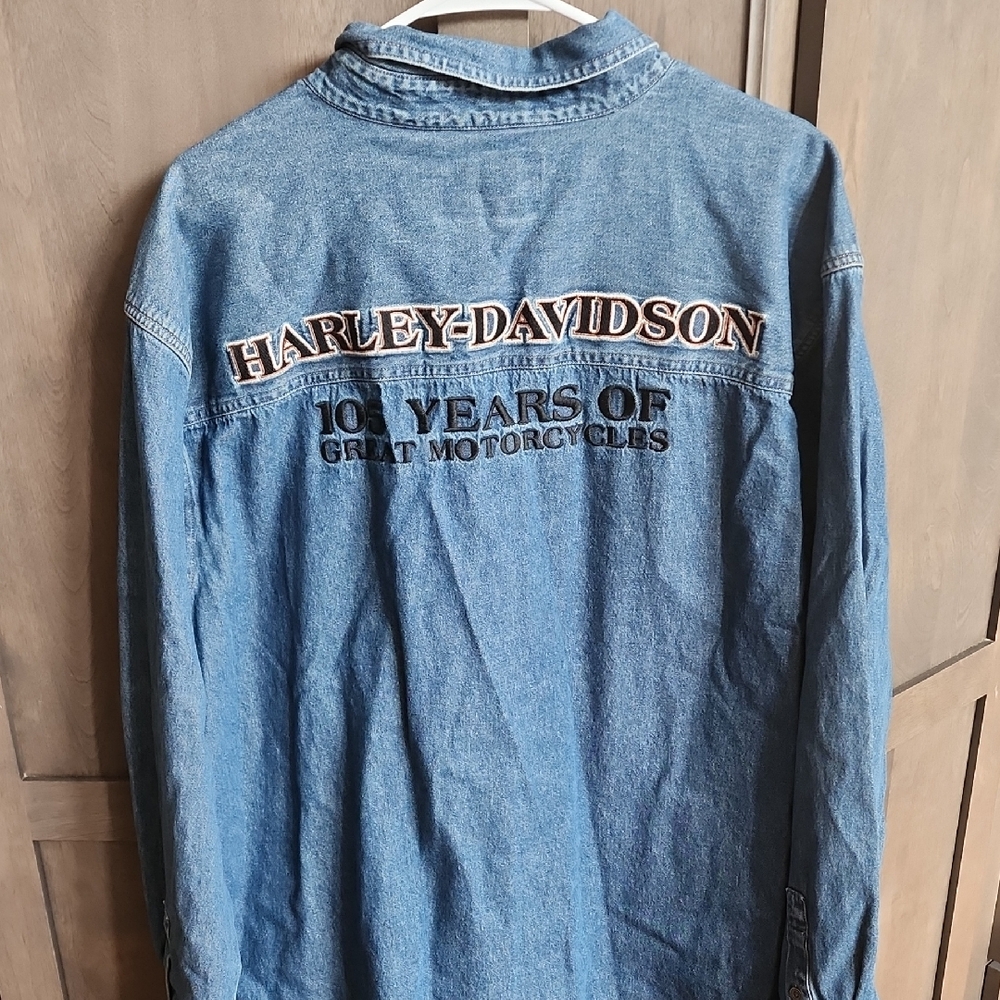 Harley-Davidson Blue Denim Button-Down Shirt with Embroidered Back Logo